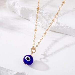 Simple Gold Tone Evil Eye Glass Pendant Necklace